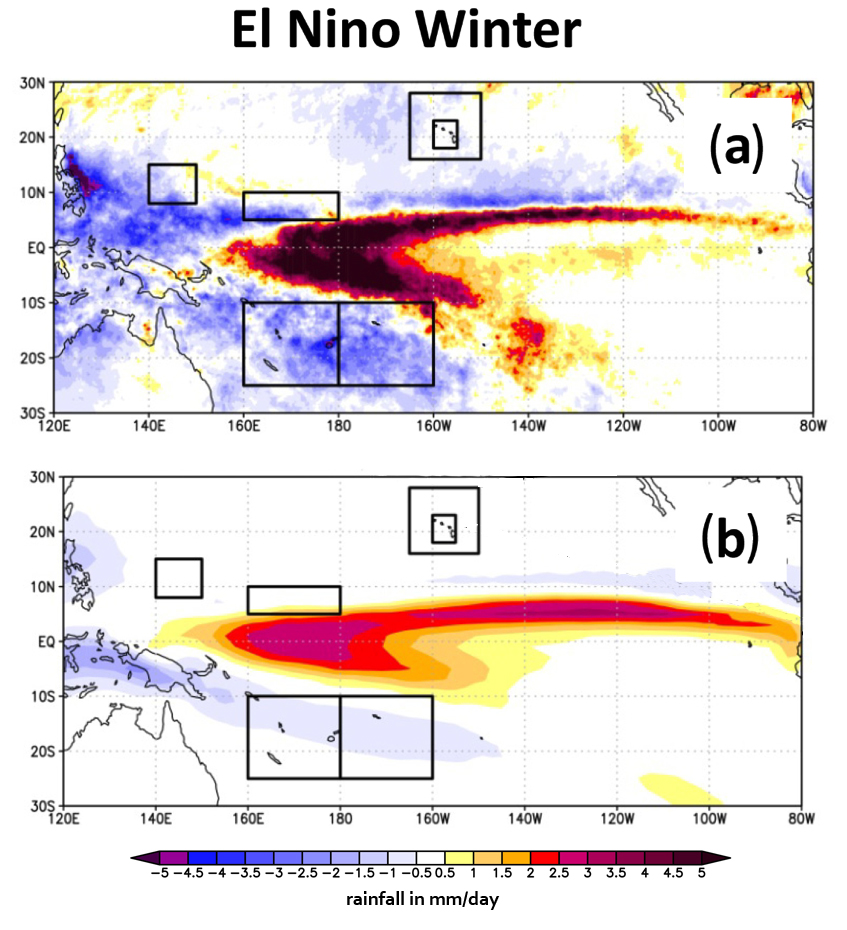 Graphic illustrating similar colored areas for observed and modeled rainfall patterns in the southwest Pacific Basin during an El Nio winter