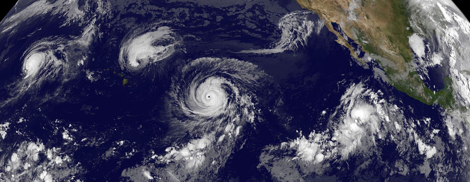 This GOES-West satellite image shows four tropical cyclones in the Pacific Ocean on September 1, 2015. Credit: NASA/NOAA GOES Project.